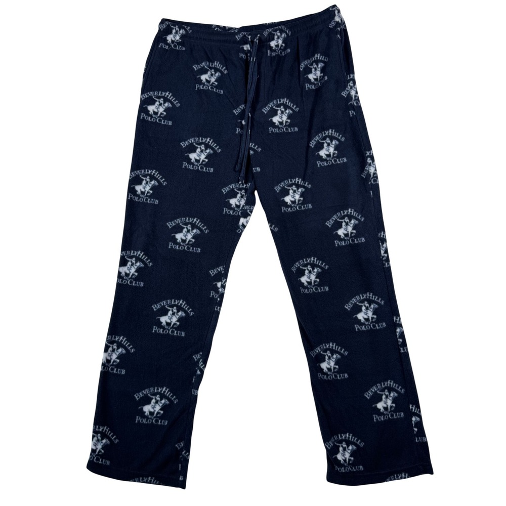 Beverly Hills Polo Club‎ Mens Fleece Pajama Pants Navy Blue Logo Print Large